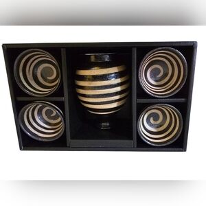 NWOT Sake Set- Black and Tan Striped Ceramic Server And 4 Cups